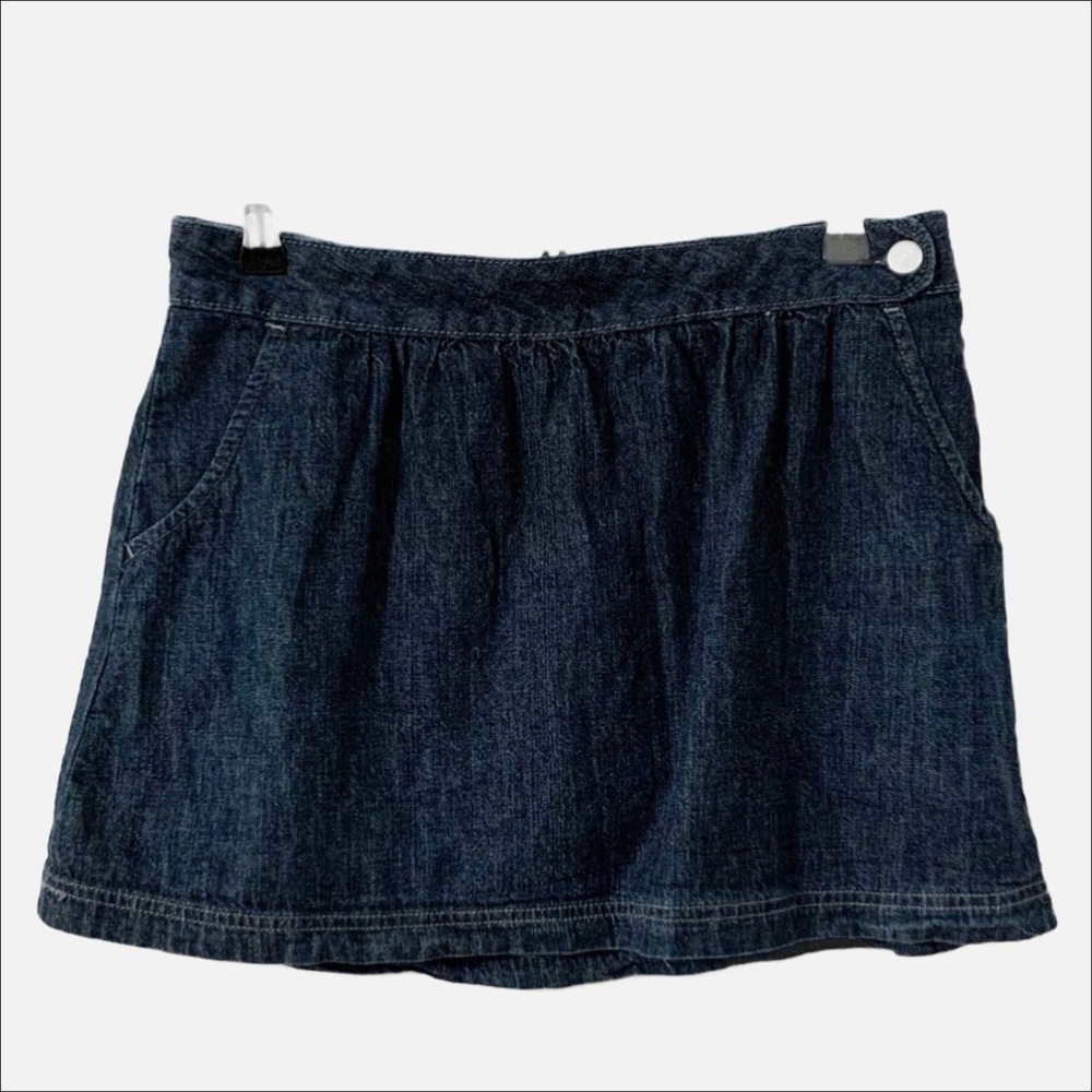 Old Navy Denim Jean Gather Waist Side Button Dark Wash Mini Skirt Pocket Blue 🟦
